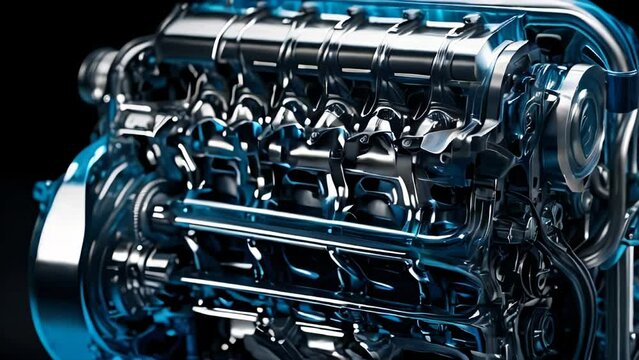 Car engine x-ray blue transparent glowing hologram, abstract automobile background