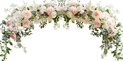 Wedding Arch Decorated with Pink and White Flowers Arrangements - Party Welcome Ceremony Sign and Reception Backdrop Floral Decoration Isolated