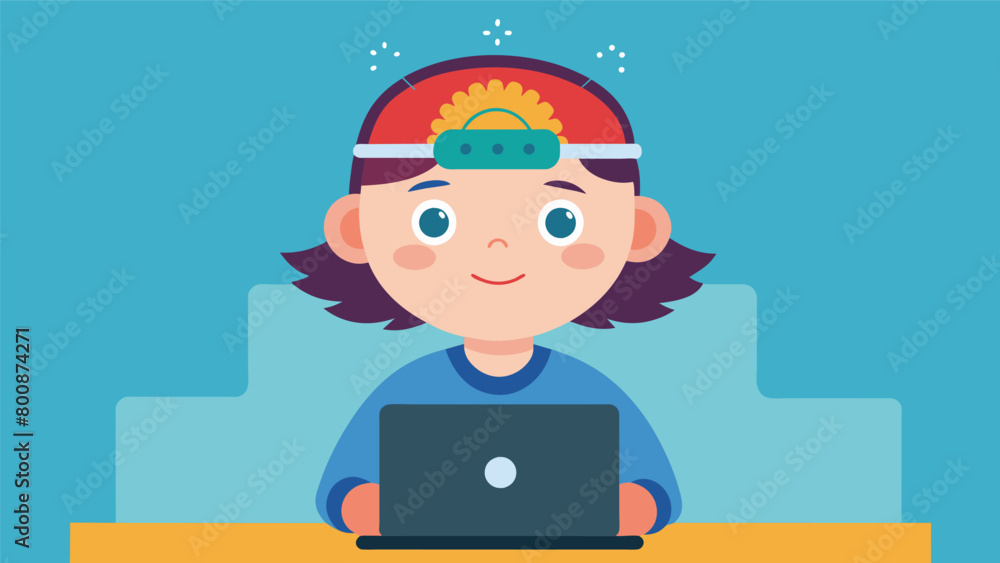 Poster a child wearing a headband that monitors their brain activity and adjusts their focus and attention 