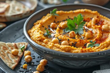 Hummus made with sweet potato or pumpkin in a gray bowl