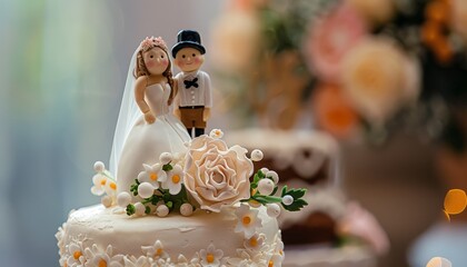 Humorous miniatures in luxury wedding cake adorned with live blooms