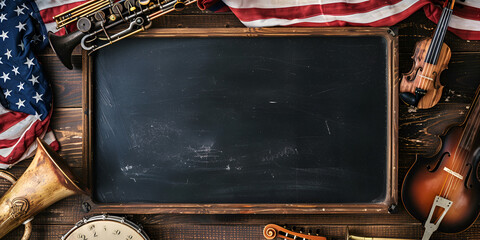 American Flag and Chalkboard on Vintage Wooden Background - Empty Chalkboard with School Supplies, Flat Lay Concept from Overhead