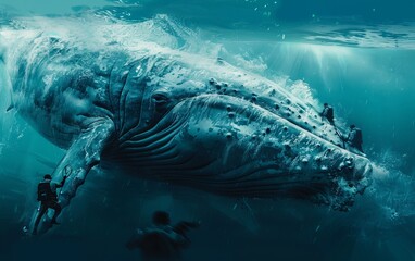 Majestic blue whale alongside human divers in the deep ocean, symbolizing exploration and connection with nature