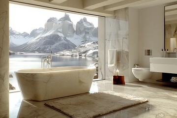 Marble Freestanding Soaking Tub & Lake View: Tranquil Bathroom with Heated Towel Rack