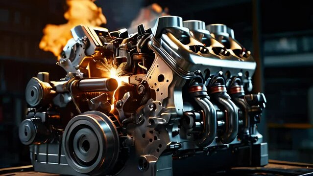 working V8 engine with explosions and sparks inside of another machine. Pistons and other mechanical parts are in motion
