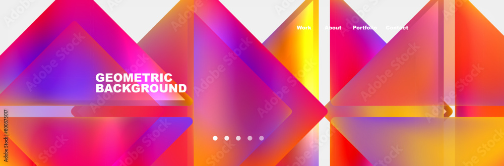 Poster A vibrant geometric background featuring colorful triangles and squares in shades of purple, violet, magenta, and other tints and shades, creating a symmetrical pattern on a white backdrop