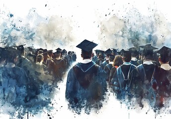 Artistic representation of a graduation ceremony capturing the crowd of graduates in caps and gowns with a splash effect