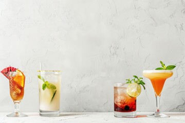 colorful drinks in different glasses on a white wall