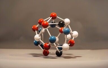A model representing a molecule with multicolored atomic spheres connected by rods on a neutral background
