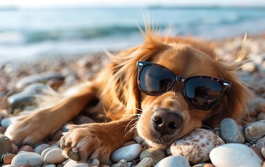 Excluding the blurred face, a golden retriever is lying down, paws stretched, on a pebbled beach,...