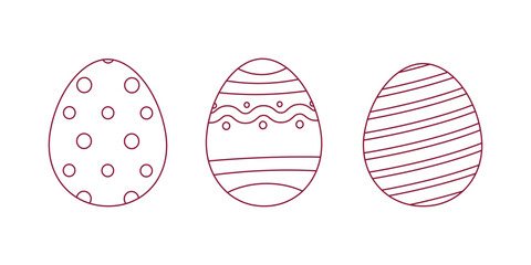 Set of graphic eggs with different geometric patterns in flat style. Vector illustration. Easter concept. Eggs with outline, coloring book for children, development book.