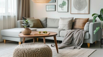 Gray sofa, stylish living room interior with olive pillows and wooden table