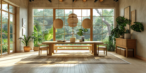 minimalist modern style dining table made from maple placed in a dining room in an American style home in Florida. afternoon sunlight cascades in through large windows. area rug beneath table