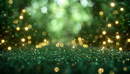 Forest Floor Green Glitter Defocused Abstract Twinkly Lights Background, glowing blurred lights in deep forest floor green shades.