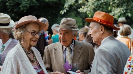 Well-dressed elderly men and women socialize at a charity event in the garden. Wealthy couple attend outdoor gala