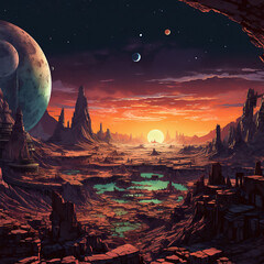 Space background, World collapse, Doomsday Scene Concept Illustration. Video Game's Digital CG Artwork, Concept Illustration with Ruins. Destroyed City against the Backdrop of Sunset. Huge Yellow Sun