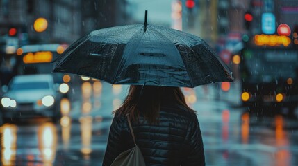 Woman walking on a rainy day with an umbrella city