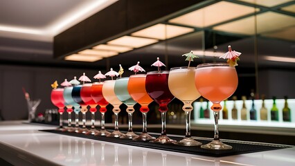 Glasses of cocktails on bar background
