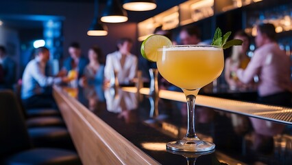 Cocktail in the bar with a lime and mint on the table