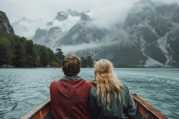 Fototapeta premium The serene and picturesque experience of a couple going on a scenic boat ride.