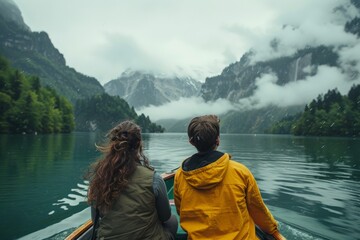 The serene and picturesque experience of a couple going on a scenic boat ride.