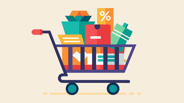 The shopping cart is neatly organized with items that are on sale demonstrating a savvy shopper who knows how to find the best deals.