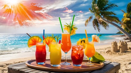 vibrant tropical drinks on the shore with a sea and sky background