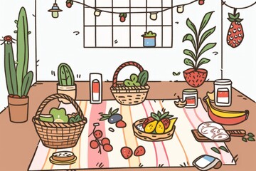 Fototapeta premium Cartoon cute doodles of a home picnic, with a picnic blanket spread out on the floor and a basket filled with sandwiches, fruits, Generative AI