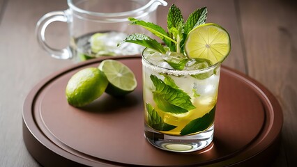Mojito with mint and lime in a glass and a jug on the round board brown wood background