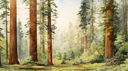 Digital watercolor redwood trees forest landscape abstract graphic poster web page PPT background