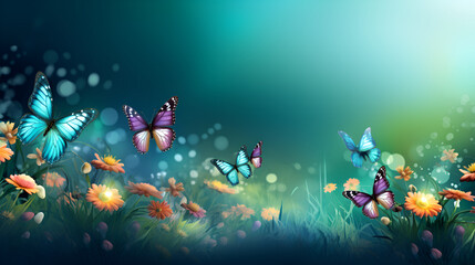 Fototapeta na wymiar Fantasy background butterflies Mystical Creatures Imaginary Realms on green background 