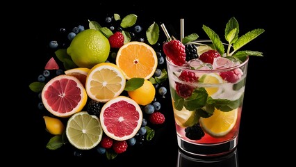 Tradition summer drink mojito or lemonade with berries lime orange lemon grapefruit and mint black background