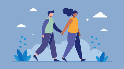Two individuals with anxiety go on a walk together practicing deep breathing and grounding techniques while discussing their shared struggles.. Vector illustration
