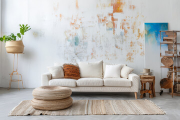 Artist loft living room space with boho elements. Interior design concept composition.