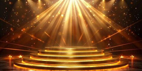 golden round podium with gold spotlight on dark background, empty round podium gold metallic glossy surface product stand,