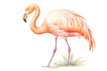 A watercolor painting of a pink flamingo standing on one leg in a graceful pose, with its head turned to the side