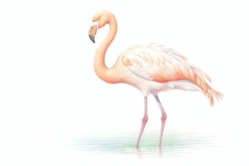 A watercolor painting of a pink flamingo standing in a shallow pool of water. The flamingo is facing to the left of the viewer.