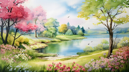 Digital watercolor lake flowers forest landscape abstract graphic poster web page PPT background