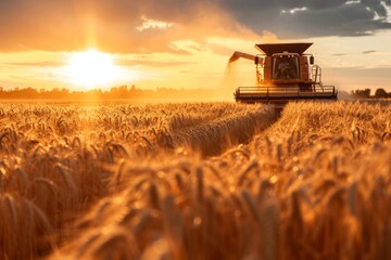 Fototapeta premium Seasonal wheat harvest by combine, concept of agricultural business, eco products 