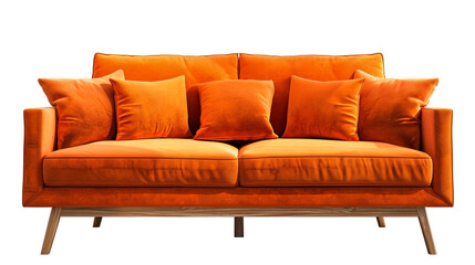 Orange sofa with pillows on wooden legs isolated on white. Orange suede couch isolated 
