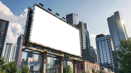 An empty billboard stands tall amidst a bustling city, awaiting advertisement to fill the space. Mockup