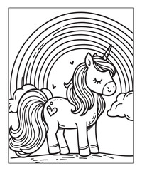 Fototapeta premium Cute cartoon unicorn coloring page for kids. Black and white vector illustration for coloring book.