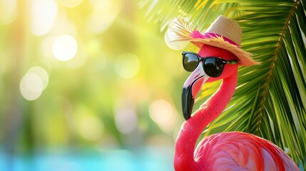 Bright pink flamingo in sunglasses with a hat on a bright blurred background, concept of summer holidays, tourism, banner with copyspace
