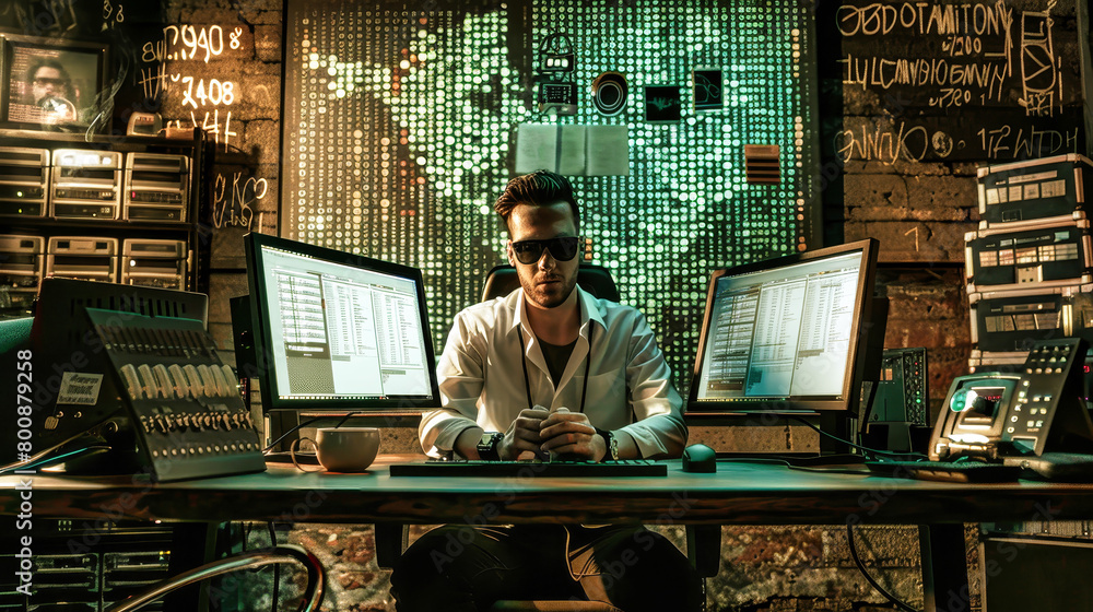 Poster a man immersed in focused concentration while sitting at a desk in front of two computer monitors