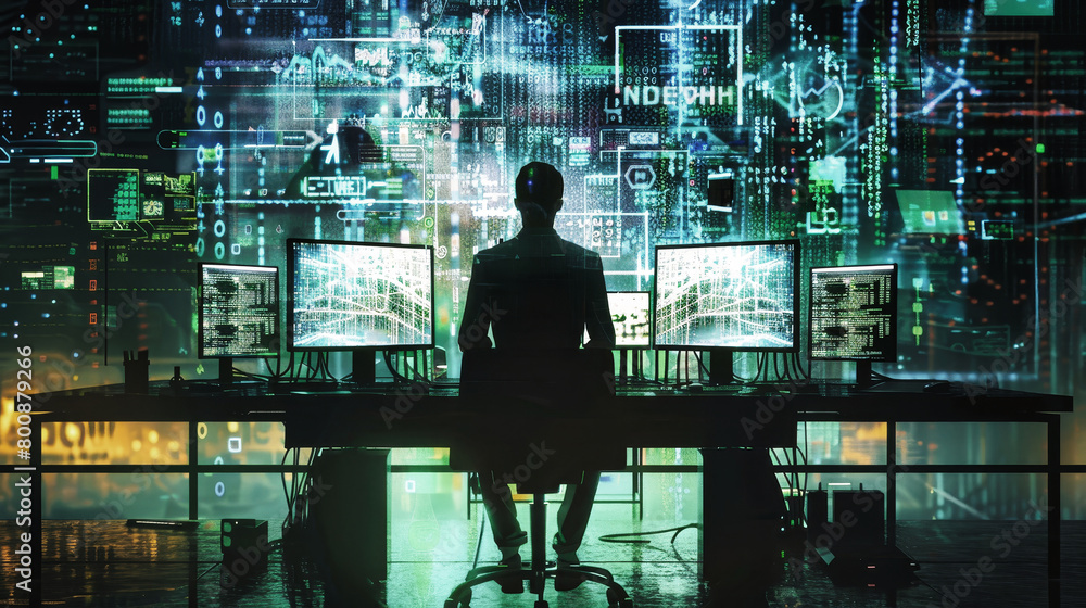 Poster a man in front of a computer monitor, using his keyboard and mouse, engrossed in his work with a ser