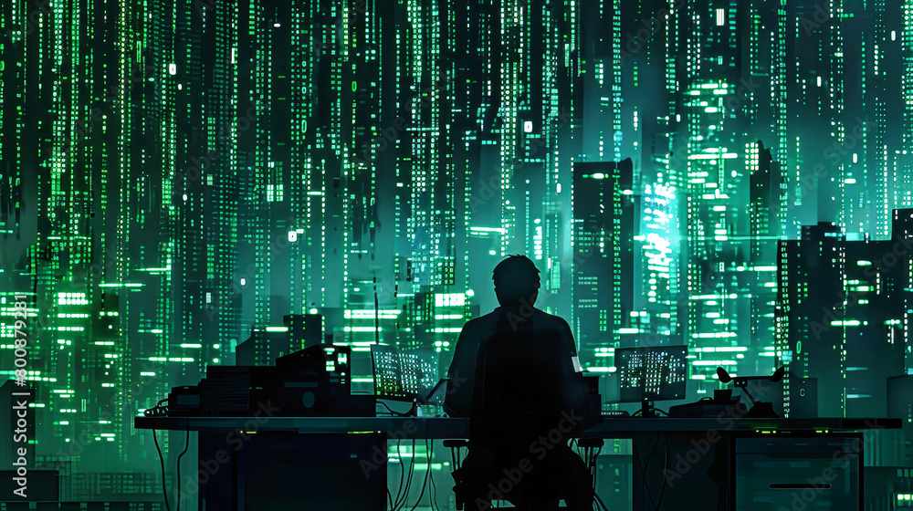Aufkleber a man immersed in his work, sitting at a desk in front of a computer, typing rapidly as he hacks int
