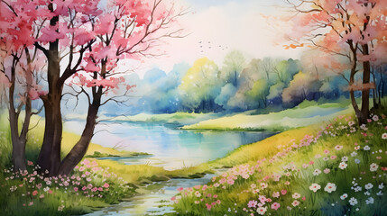 Fototapeta premium Digital watercolor lake flowers forest landscape abstract graphic poster web page PPT background