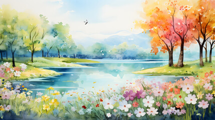 Digital watercolor lake flowers forest landscape abstract graphic poster web page PPT background