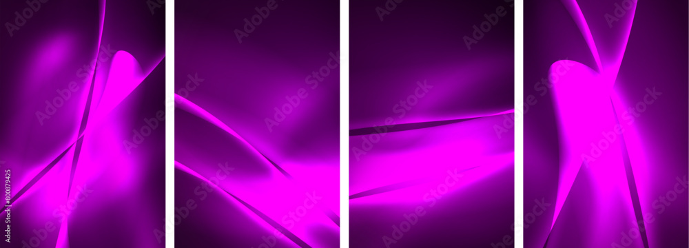 Poster a set of four vibrant purple banners with a background in shades of violet and magenta. the rectangl
