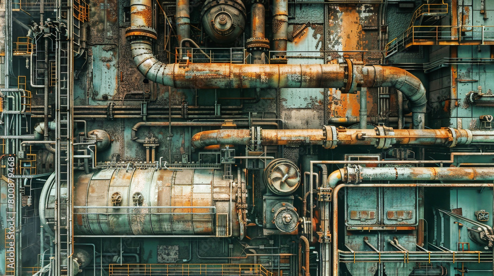 Poster a large industrial pipe system with a network of pipes and valves arranged in a complex pattern, ser